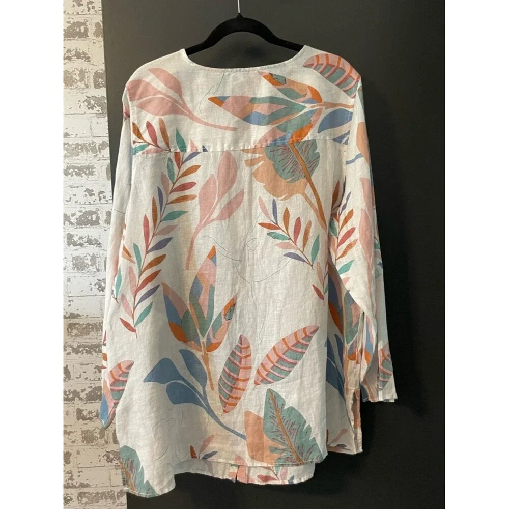Cynthia Rowley Linen Tunic Shirt Tropical Print Swim Cover Up OS